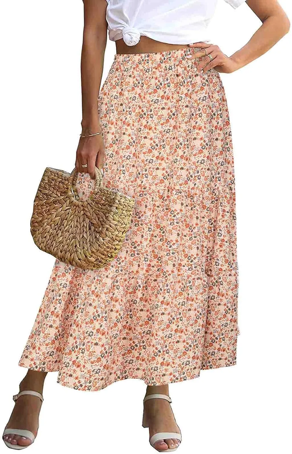 Floral Skirts for Women High Waist Flared Maxi Skirts Summer Vacation Beach Boho Flower Print Ruffle Swing Skirt