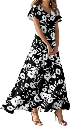 Floral Wedding Guest Dresses for Women Casual Boho V-Neck Ruffle Short Sleeve Aline Swing Long Dress,XS-2XL