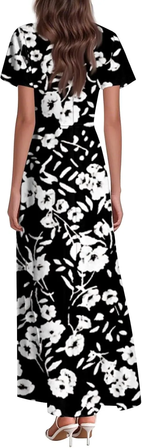Floral Wedding Guest Dresses for Women Casual Boho V-Neck Ruffle Short Sleeve Aline Swing Long Dress,XS-2XL
