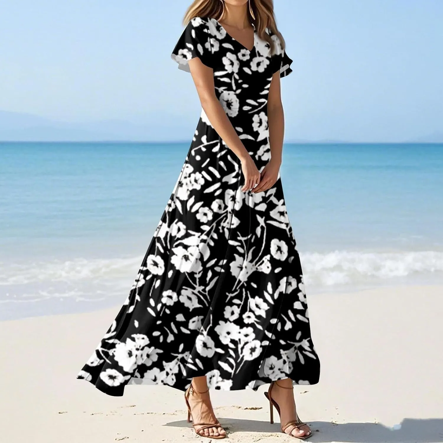Floral Wedding Guest Dresses for Women Casual Boho V-Neck Ruffle Short Sleeve Aline Swing Long Dress,XS-2XL