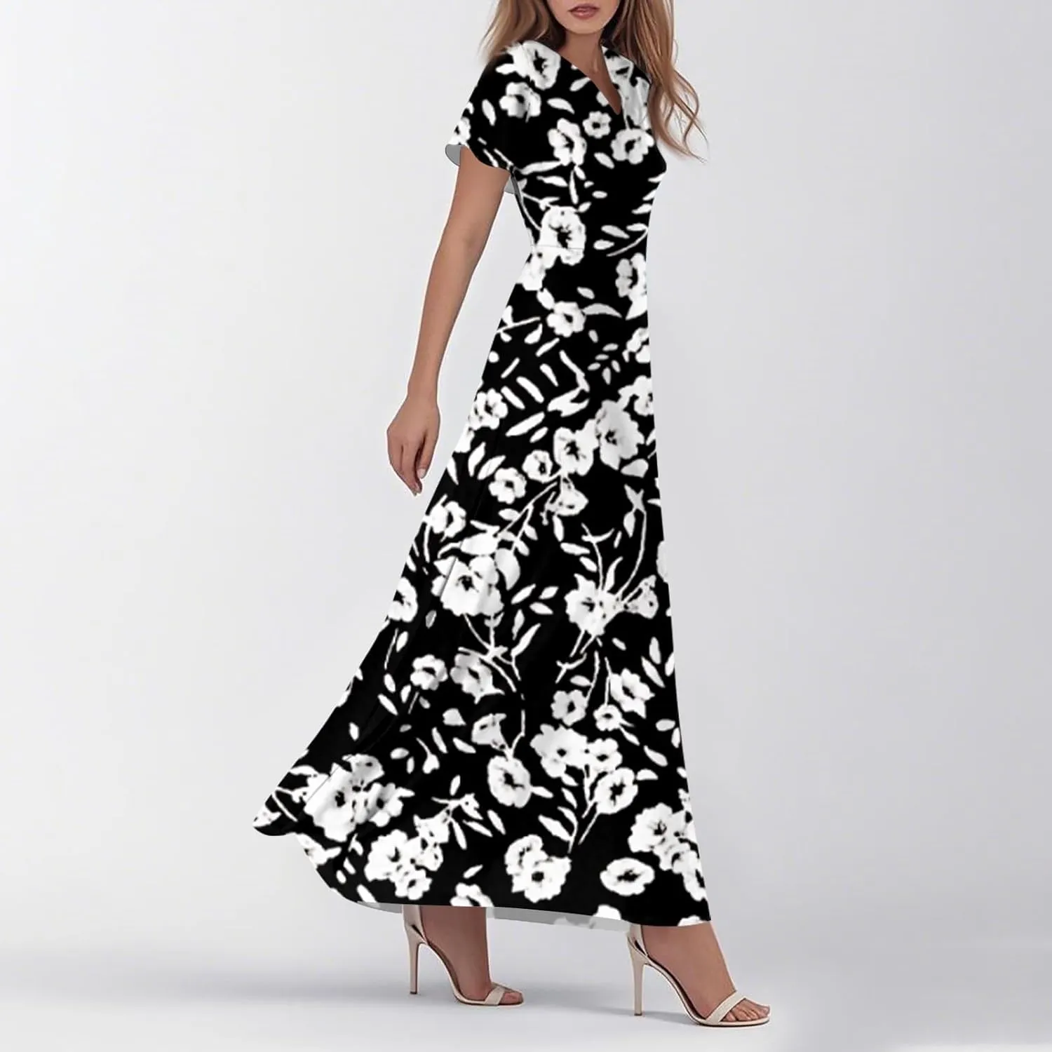Floral Wedding Guest Dresses for Women Casual Boho V-Neck Ruffle Short Sleeve Aline Swing Long Dress,XS-2XL