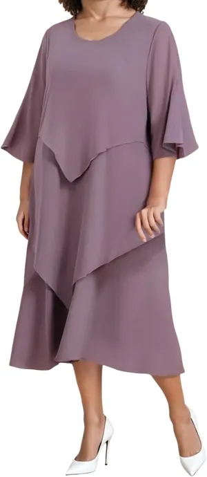 Flowy Chiffon Maxi Dresses for Women Ruffle Tiered Casual Crew Neck 3/4 Bell Sleeve Sundress Plus Size A line midi Dress