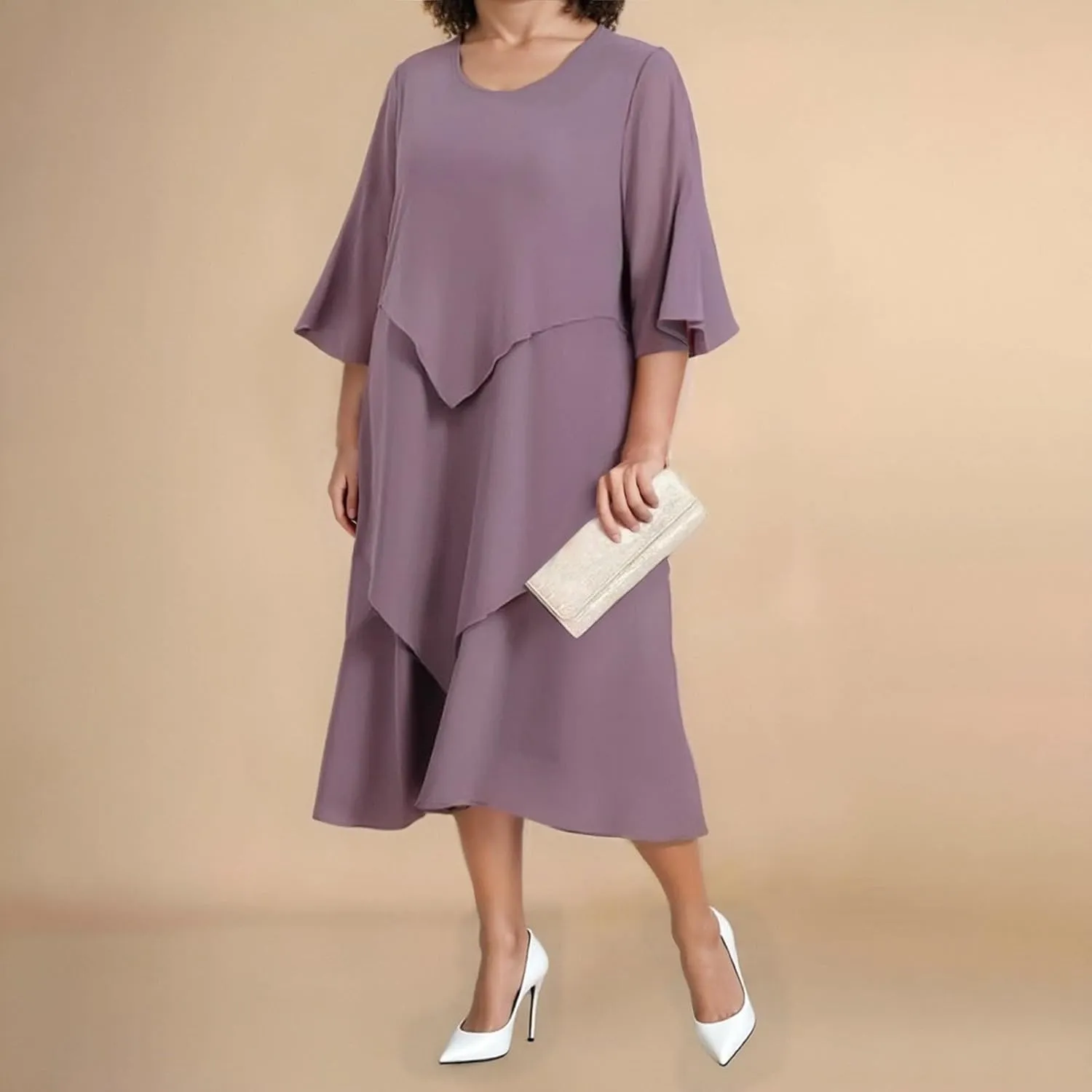 Flowy Chiffon Maxi Dresses for Women Ruffle Tiered Casual Crew Neck 3/4 Bell Sleeve Sundress Plus Size A line midi Dress