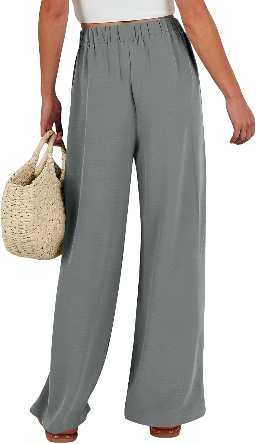 Flowy Linen Pants Women Wide Leg Tie Knot Palazzo Pants Loose Beach Pants High Waisted Trousers with Pockets
