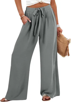 Flowy Linen Pants Women Wide Leg Tie Knot Palazzo Pants Loose Beach Pants High Waisted Trousers with Pockets