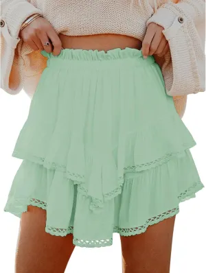 Flowy Skirts for Women Ruffle Tiered Skorts Mini Skirts Elastic High Waist Pleated Skirt Golf Tennis Crochet Shorts