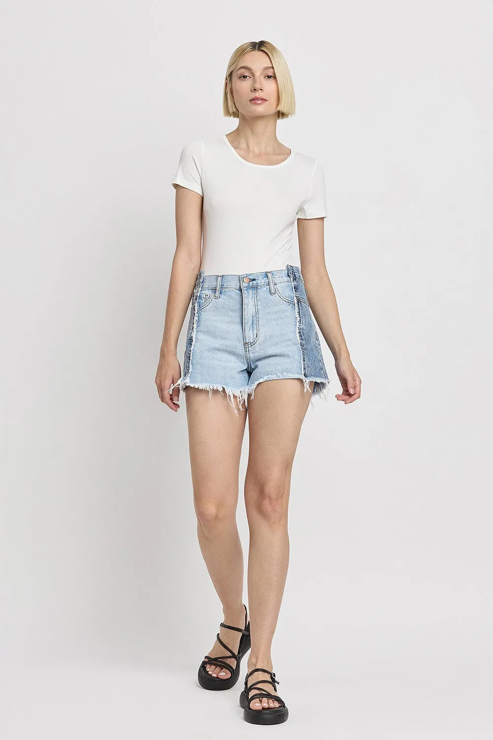 Flying Monkey Two Tone Patch High Rise Denim Shorts In Futuristic
