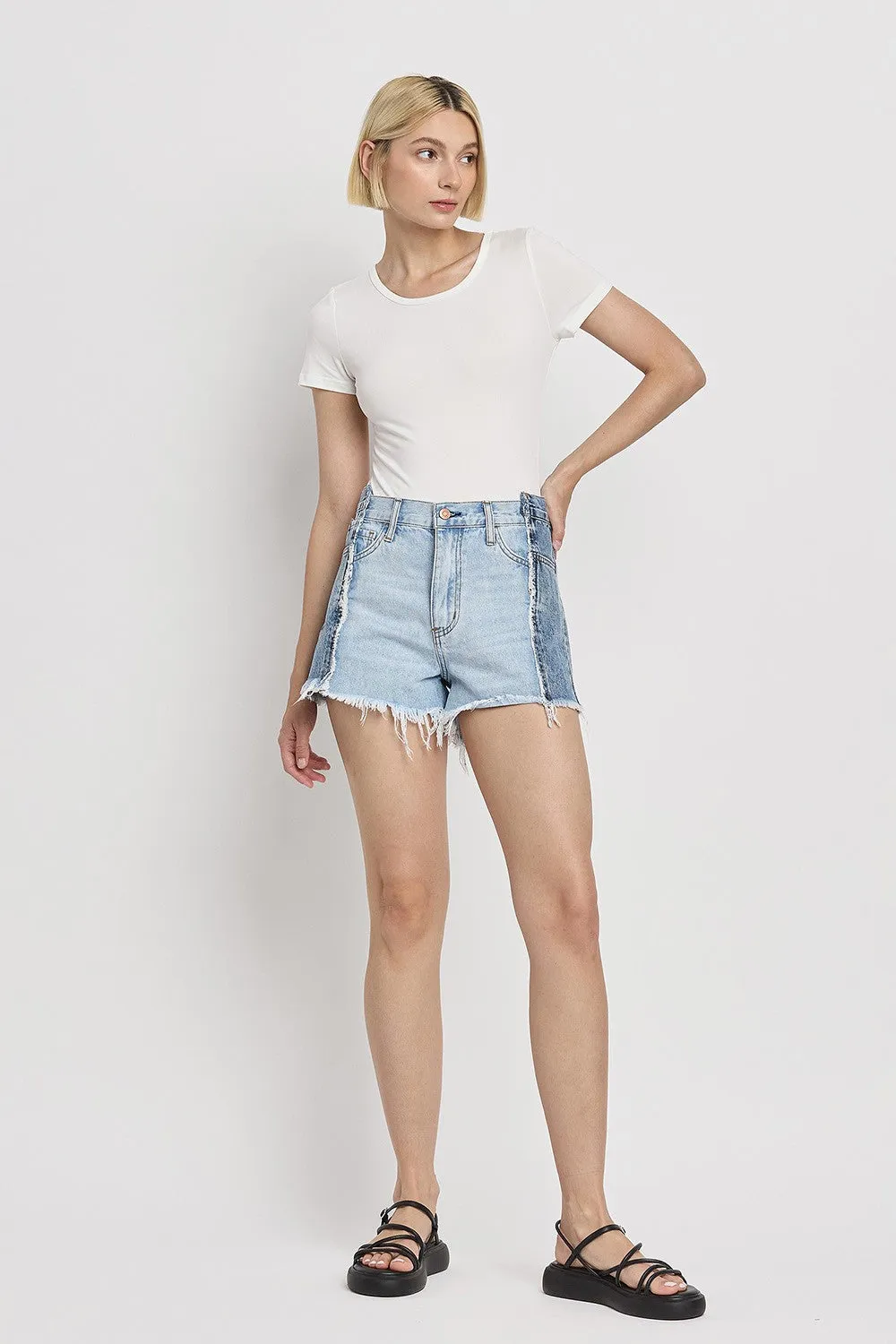 Flying Monkey Two Tone Patch High Rise Denim Shorts In Futuristic