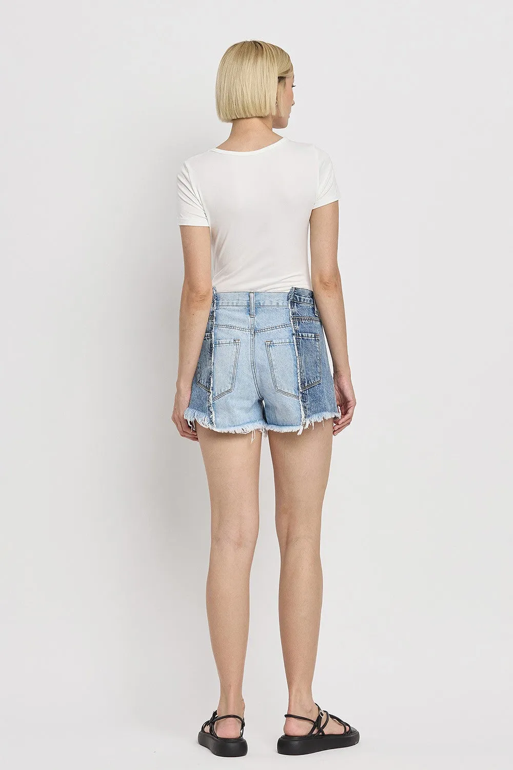Flying Monkey Two Tone Patch High Rise Denim Shorts In Futuristic