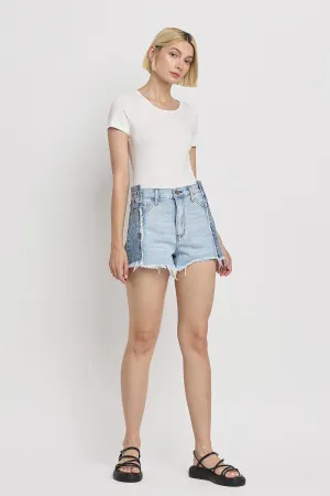 Flying Monkey Two Tone Patch High Rise Denim Shorts In Futuristic