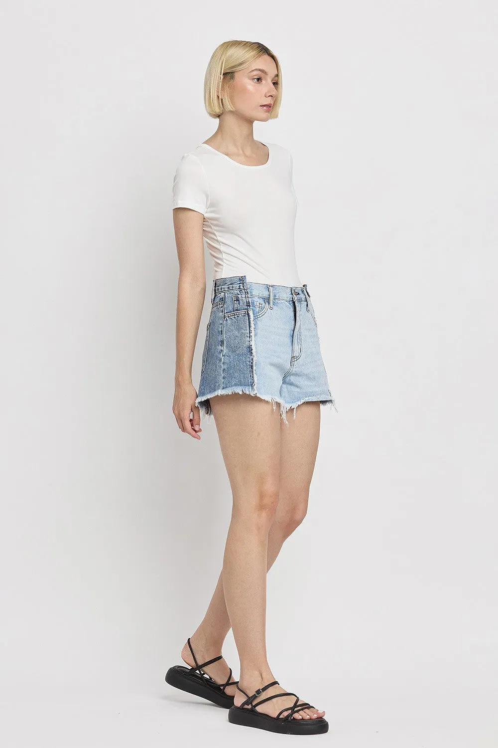 Flying Monkey Two Tone Patch High Rise Denim Shorts In Futuristic