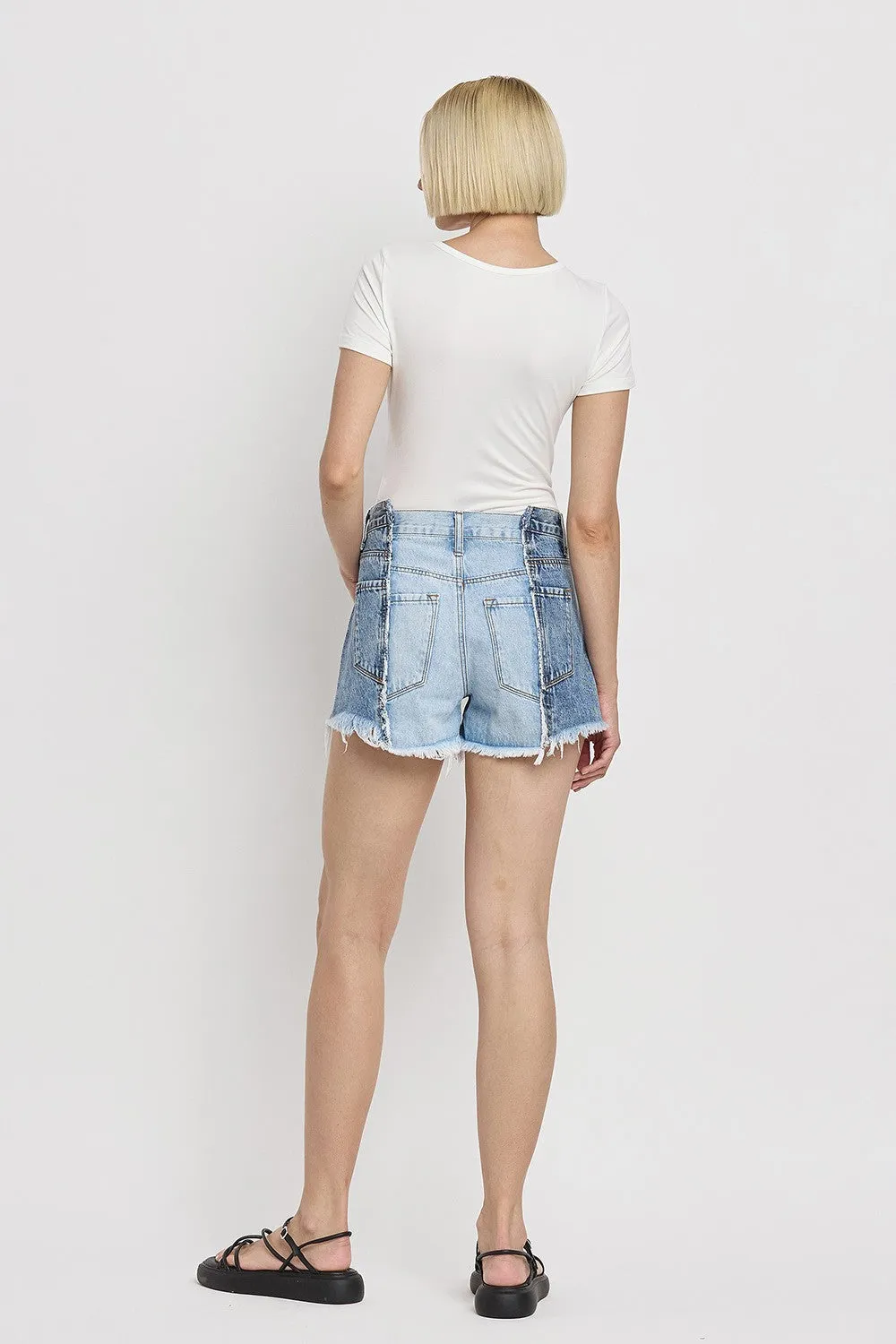 Flying Monkey Two Tone Patch High Rise Denim Shorts In Futuristic