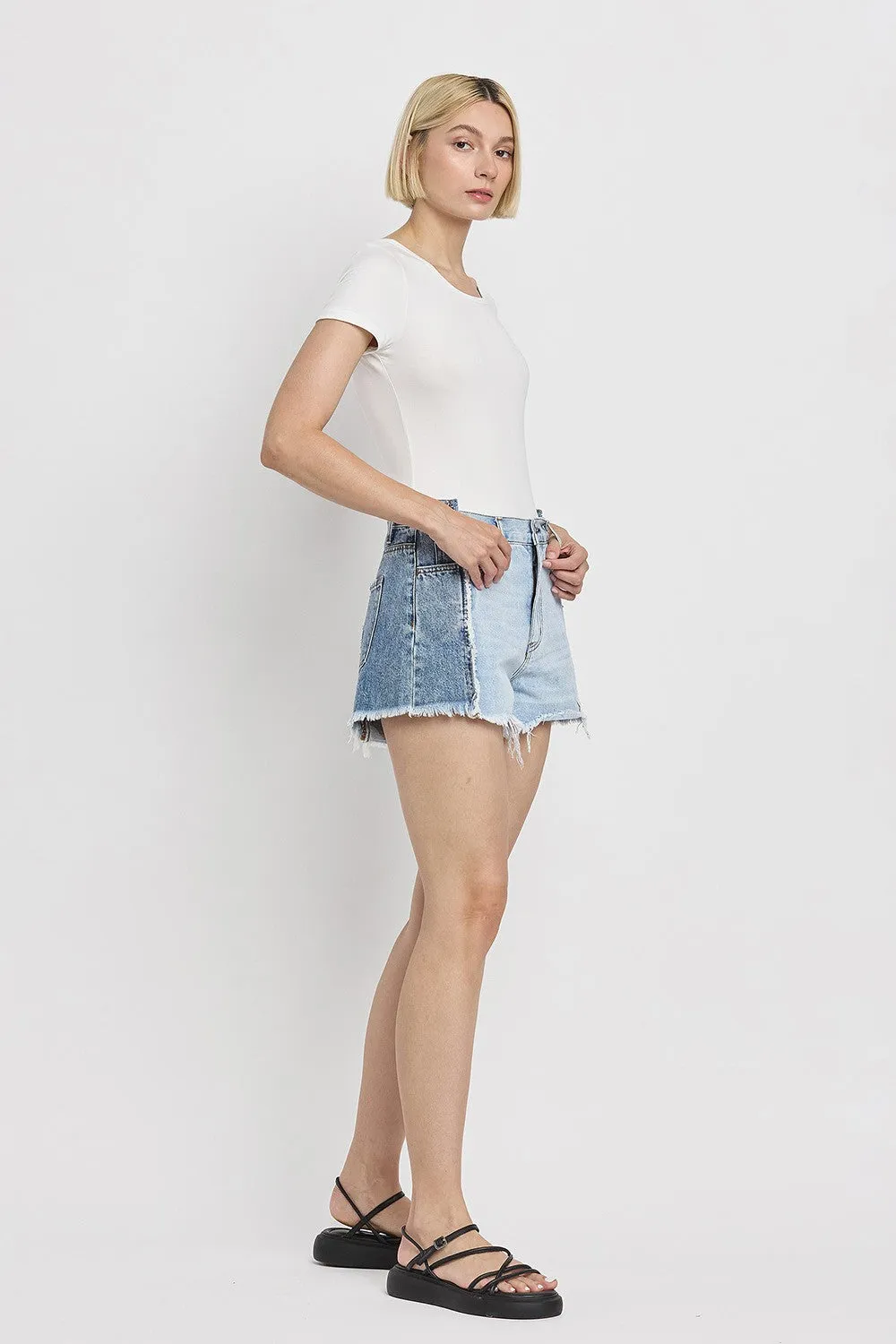 Flying Monkey Two Tone Patch High Rise Denim Shorts In Futuristic