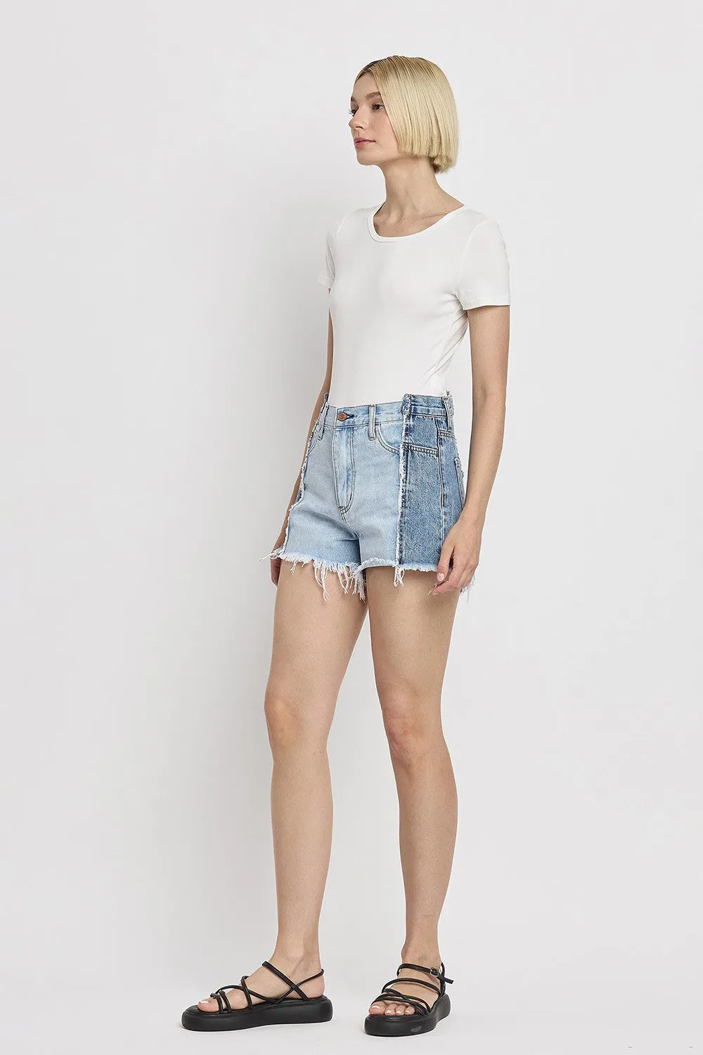 Flying Monkey Two Tone Patch High Rise Denim Shorts In Futuristic