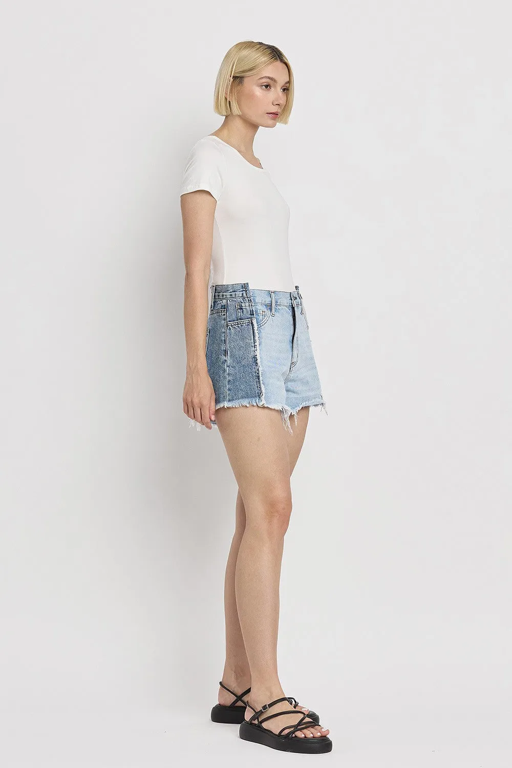 Flying Monkey Two Tone Patch High Rise Denim Shorts In Futuristic