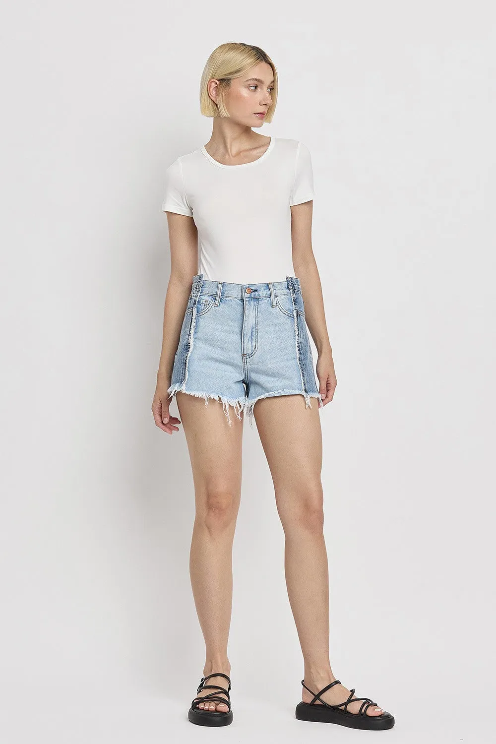 Flying Monkey Two Tone Patch High Rise Denim Shorts In Futuristic