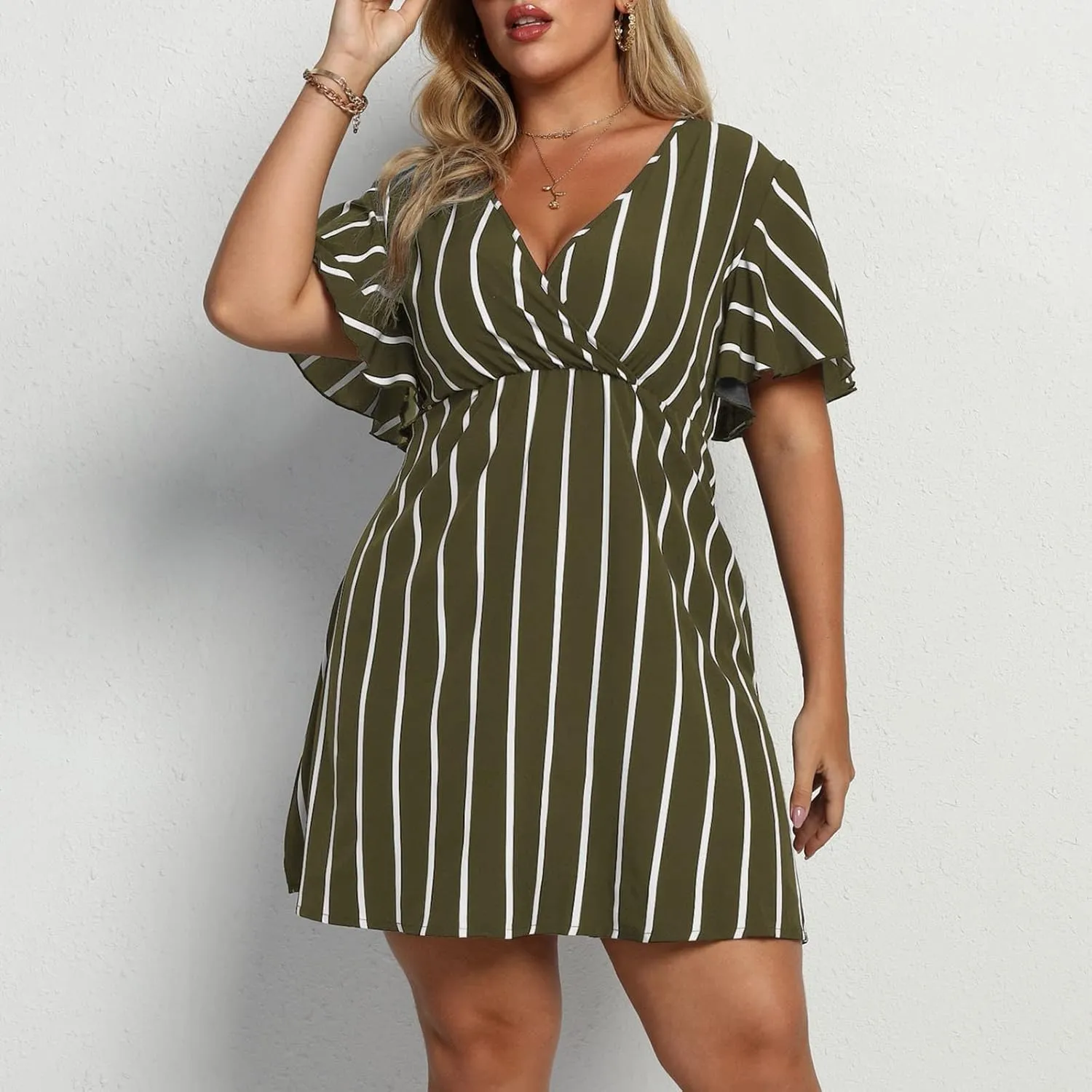 FZYLQY Plus Size Summer Mini Dress for Womens - Sexy Beach Wrap Dresses Deep V Neck Striped Dresses Empire Waist Romper Dress