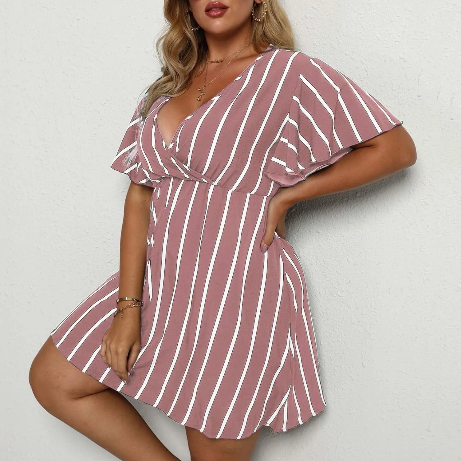 FZYLQY Plus Size Summer Mini Dress for Womens - Sexy Beach Wrap Dresses Deep V Neck Striped Dresses Empire Waist Romper Dress