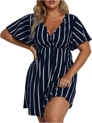 FZYLQY Plus Size Summer Mini Dress for Womens - Sexy Beach Wrap Dresses Deep V Neck Striped Dresses Empire Waist Romper Dress