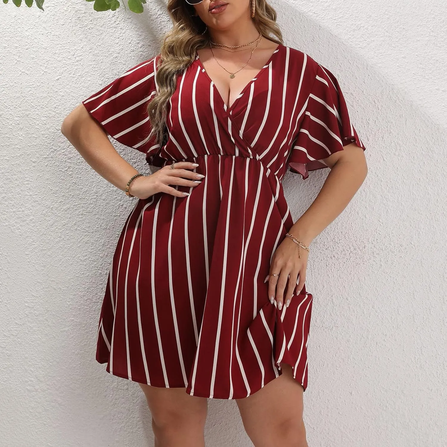 FZYLQY Plus Size Summer Mini Dress for Womens - Sexy Beach Wrap Dresses Deep V Neck Striped Dresses Empire Waist Romper Dress
