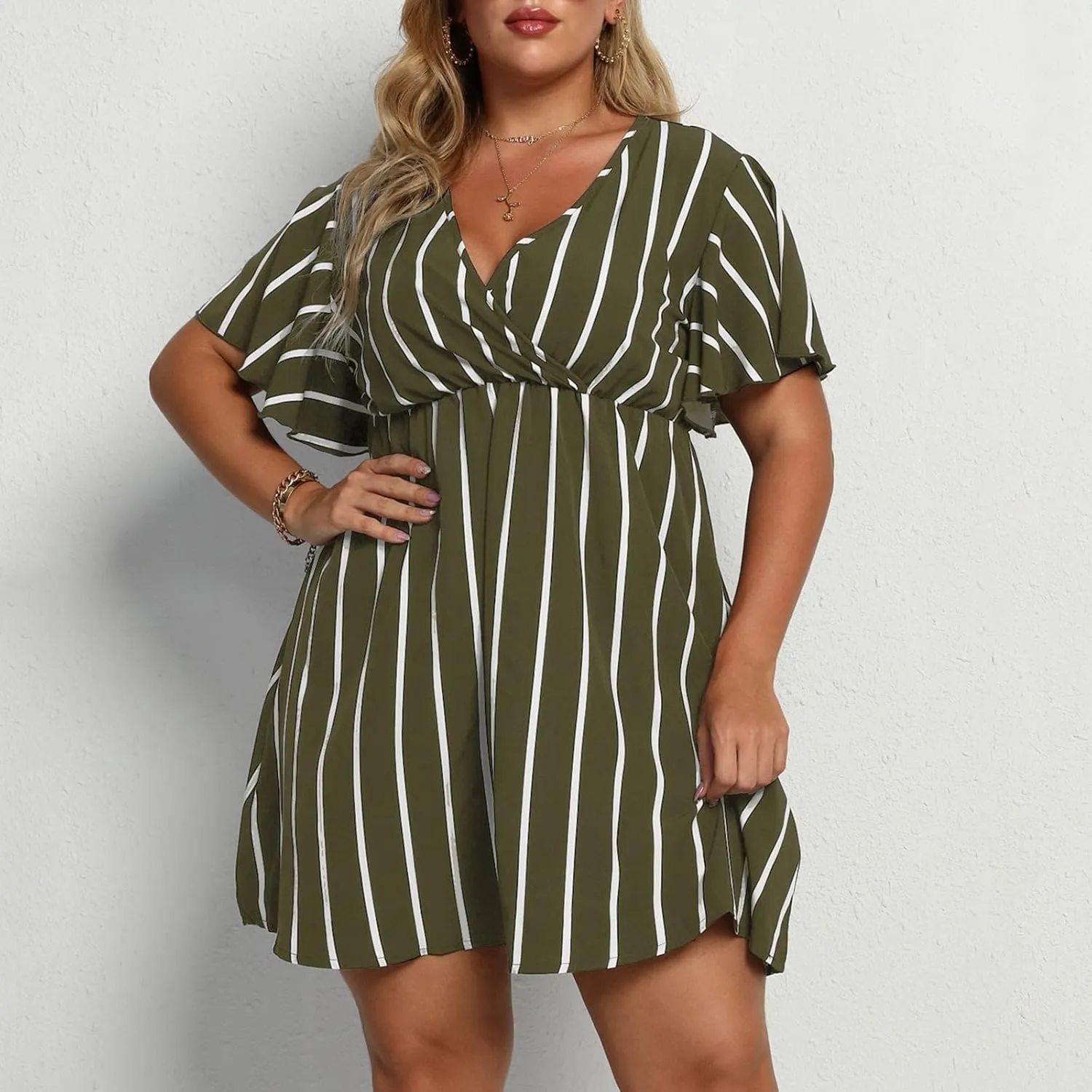 FZYLQY Plus Size Summer Mini Dress for Womens - Sexy Beach Wrap Dresses Deep V Neck Striped Dresses Empire Waist Romper Dress