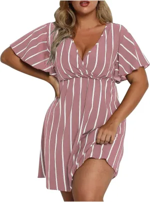 FZYLQY Plus Size Summer Mini Dress for Womens - Sexy Beach Wrap Dresses Deep V Neck Striped Dresses Empire Waist Romper Dress