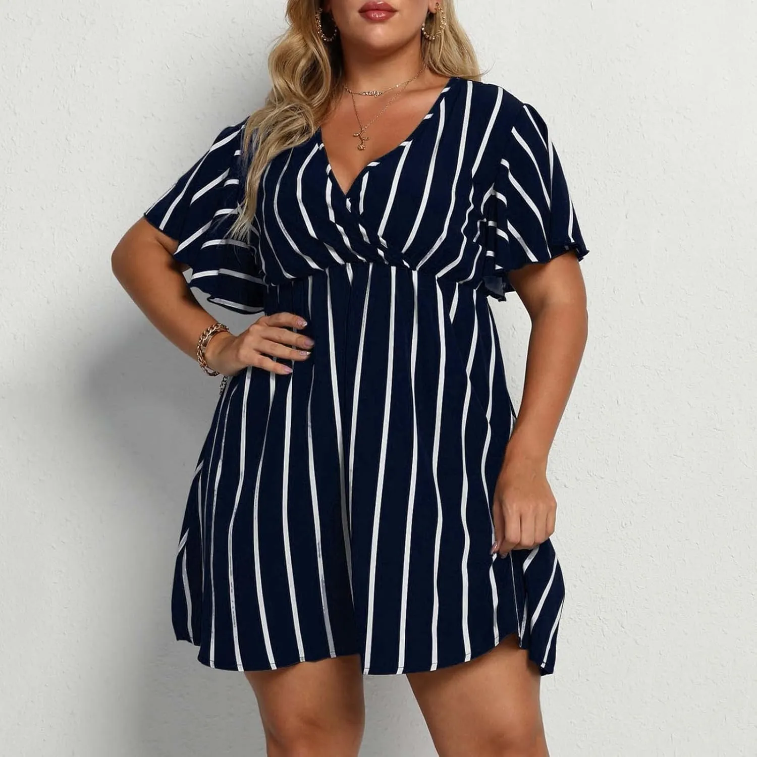 FZYLQY Plus Size Summer Mini Dress for Womens - Sexy Beach Wrap Dresses Deep V Neck Striped Dresses Empire Waist Romper Dress