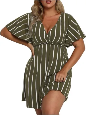 FZYLQY Plus Size Summer Mini Dress for Womens - Sexy Beach Wrap Dresses Deep V Neck Striped Dresses Empire Waist Romper Dress
