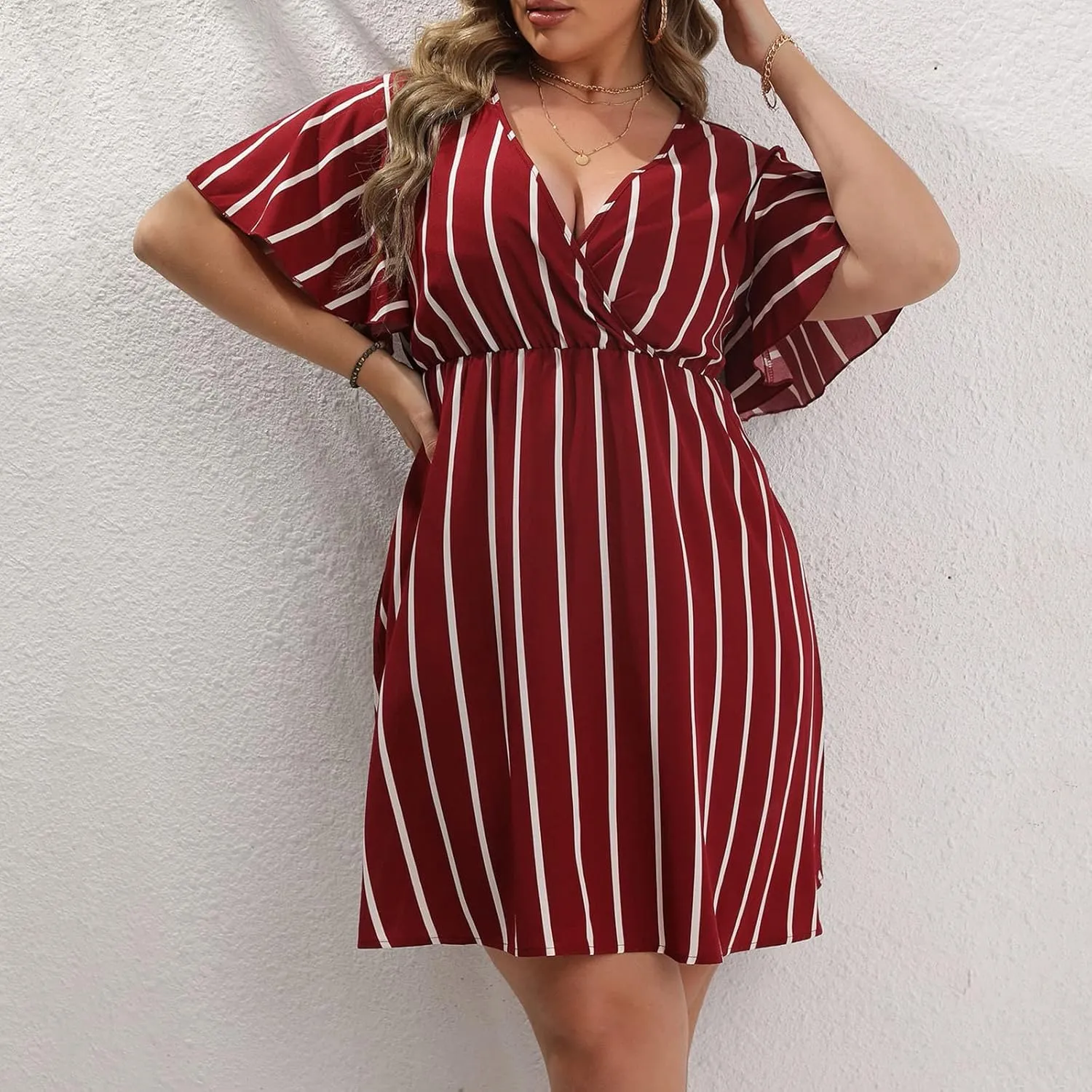FZYLQY Plus Size Summer Mini Dress for Womens - Sexy Beach Wrap Dresses Deep V Neck Striped Dresses Empire Waist Romper Dress