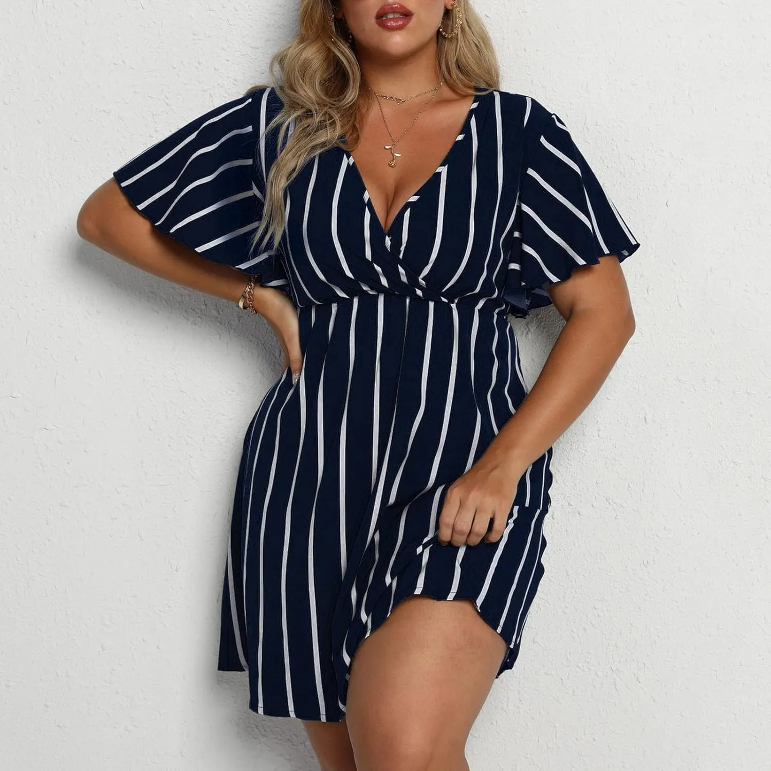 FZYLQY Plus Size Summer Mini Dress for Womens - Sexy Beach Wrap Dresses Deep V Neck Striped Dresses Empire Waist Romper Dress