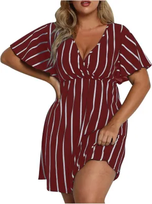 FZYLQY Plus Size Summer Mini Dress for Womens - Sexy Beach Wrap Dresses Deep V Neck Striped Dresses Empire Waist Romper Dress