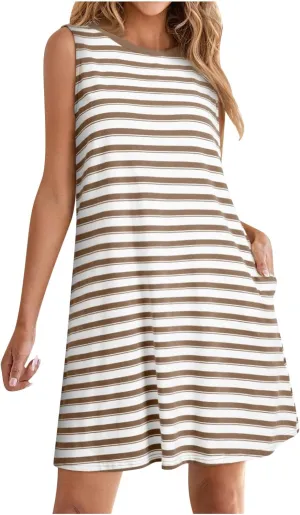FZYLQY Women Summer Dress 2025 Striped Print Sleeveless Tank Dress Casual Loose Beach Sundress with Pockets for Ladies