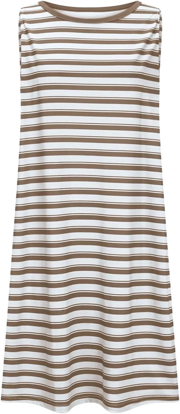 FZYLQY Women Summer Dress 2025 Striped Print Sleeveless Tank Dress Casual Loose Beach Sundress with Pockets for Ladies