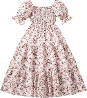 Girls Summer Dress Bubble/Ruffle A-Line Smocked/Dot/Floral Print Striped Midi Dresses Casual Cute Party Outfits