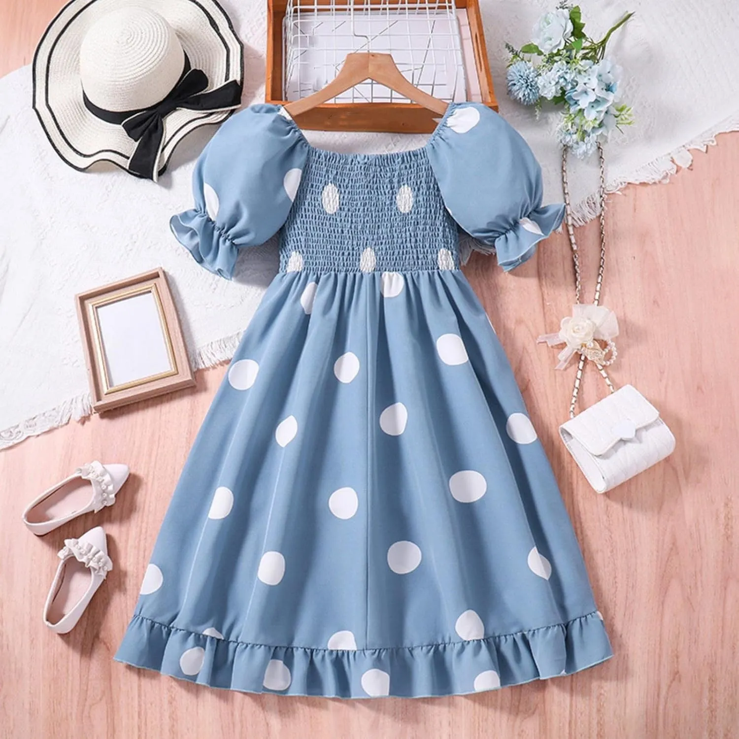 Girls Summer Dress Bubble/Ruffle A-Line Smocked/Dot/Floral Print Striped Midi Dresses Casual Cute Party Outfits