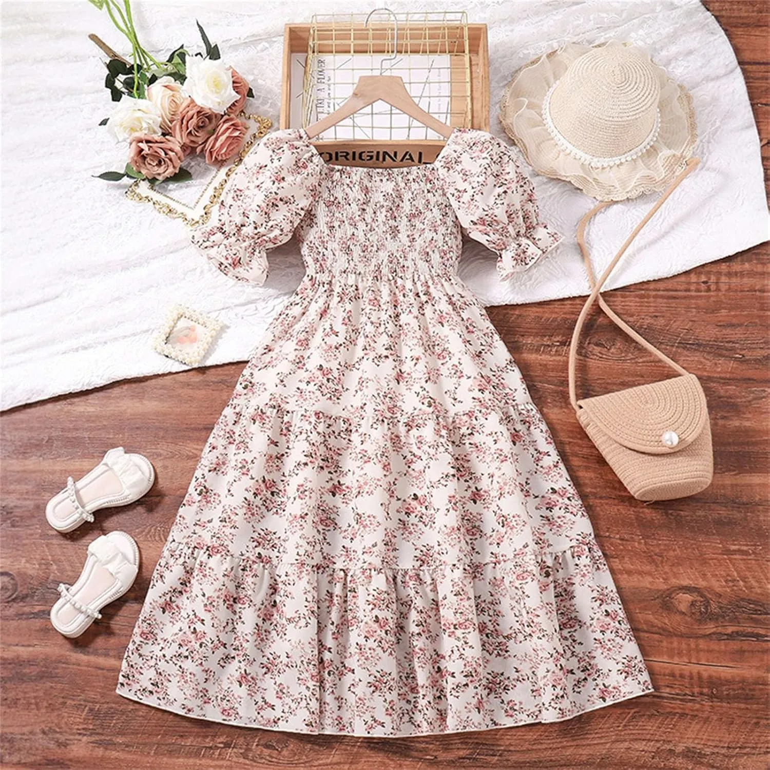 Girls Summer Dress Bubble/Ruffle A-Line Smocked/Dot/Floral Print Striped Midi Dresses Casual Cute Party Outfits
