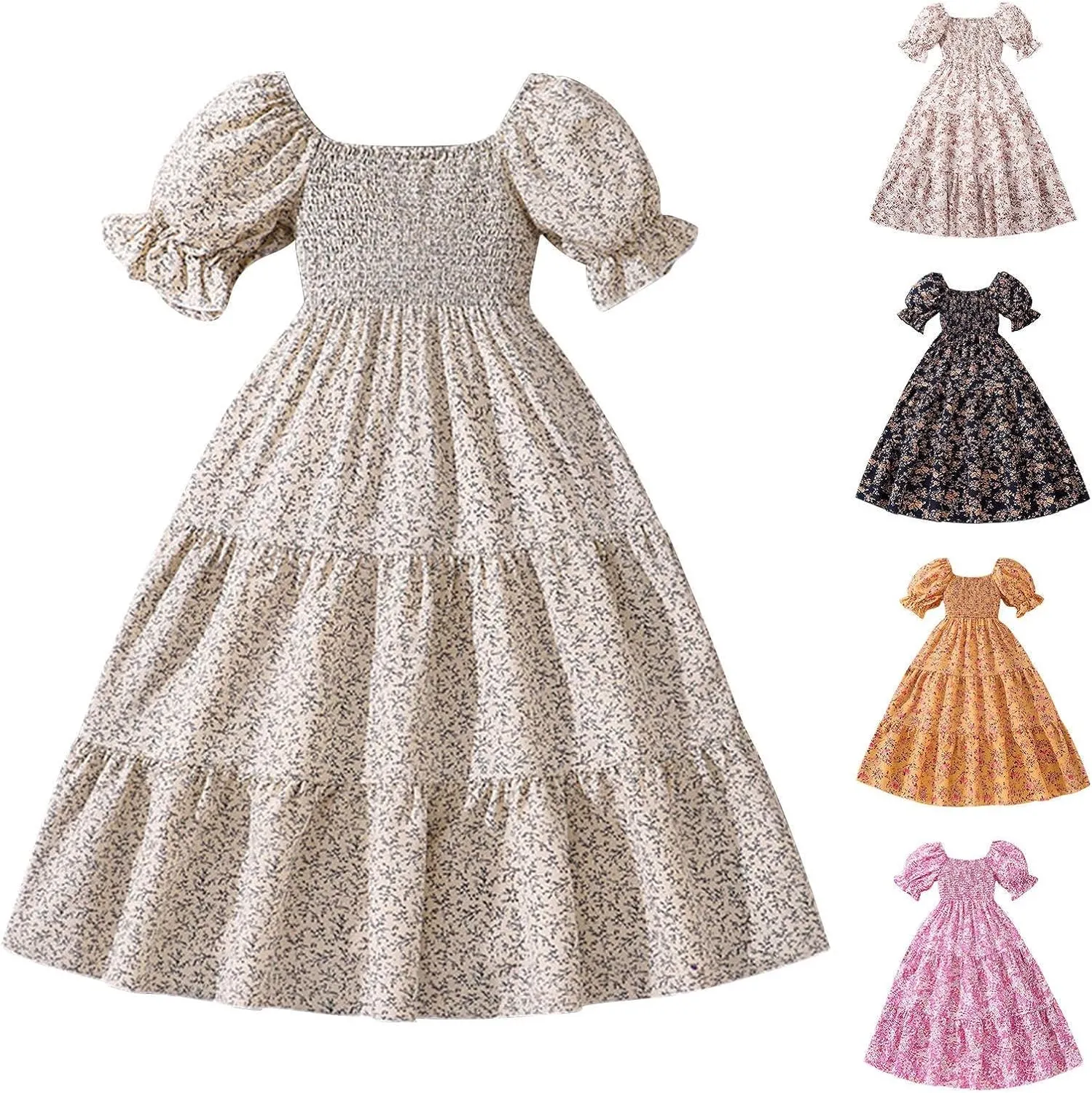 Girls Summer Dress Bubble/Ruffle A-Line Smocked/Dot/Floral Print Striped Midi Dresses Casual Cute Party Outfits