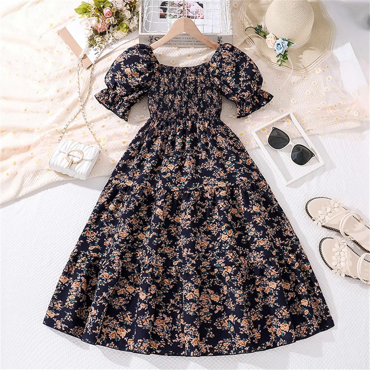 Girls Summer Dress Bubble/Ruffle A-Line Smocked/Dot/Floral Print Striped Midi Dresses Casual Cute Party Outfits