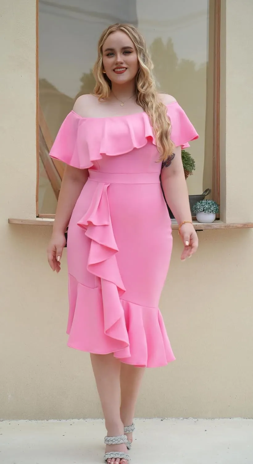 GOBLES Women's Elegant Off The Sholder Back Zipper Ruffles Bodycon Midi Cocktail Dress