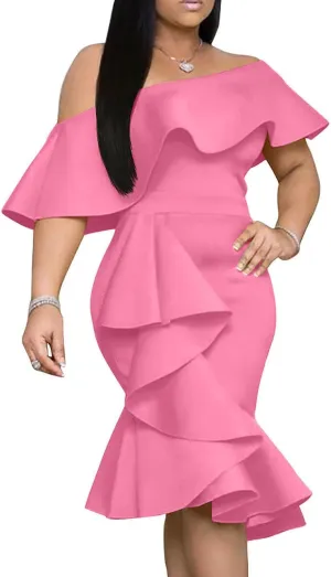 GOBLES Women's Elegant Off The Sholder Back Zipper Ruffles Bodycon Midi Cocktail Dress