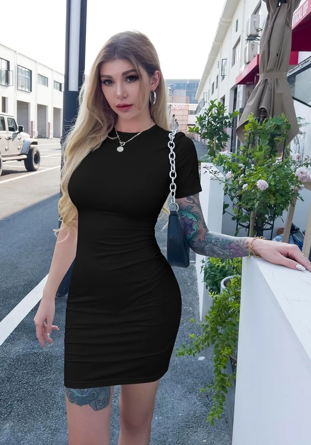 GOBLES Women's Short Sleeve Casual Bodycon Midi Elegant Cocktail Party Dress