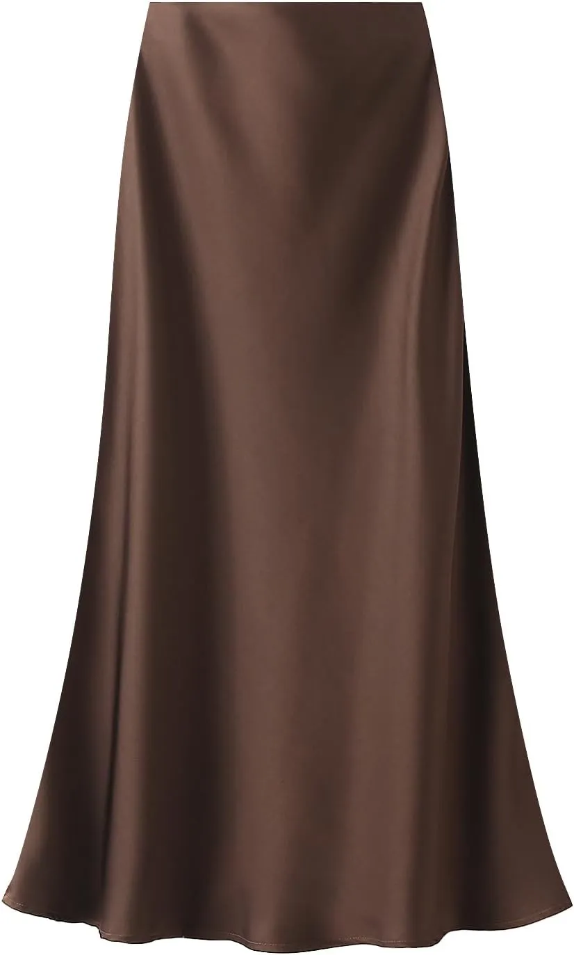 GOLDSTITCH Women's Satin High Waist Skirts Elegant Flared Casual A Line Maxi Skirt