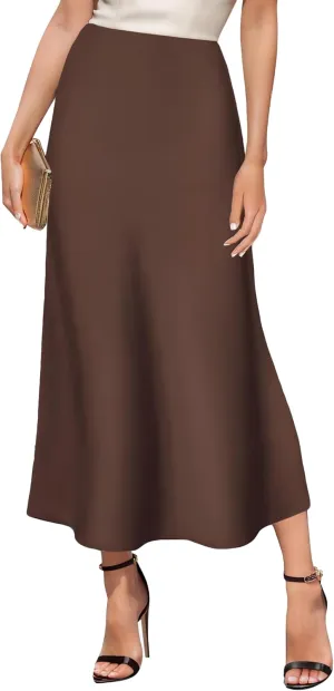 GOLDSTITCH Women's Satin High Waist Skirts Elegant Flared Casual A Line Maxi Skirt