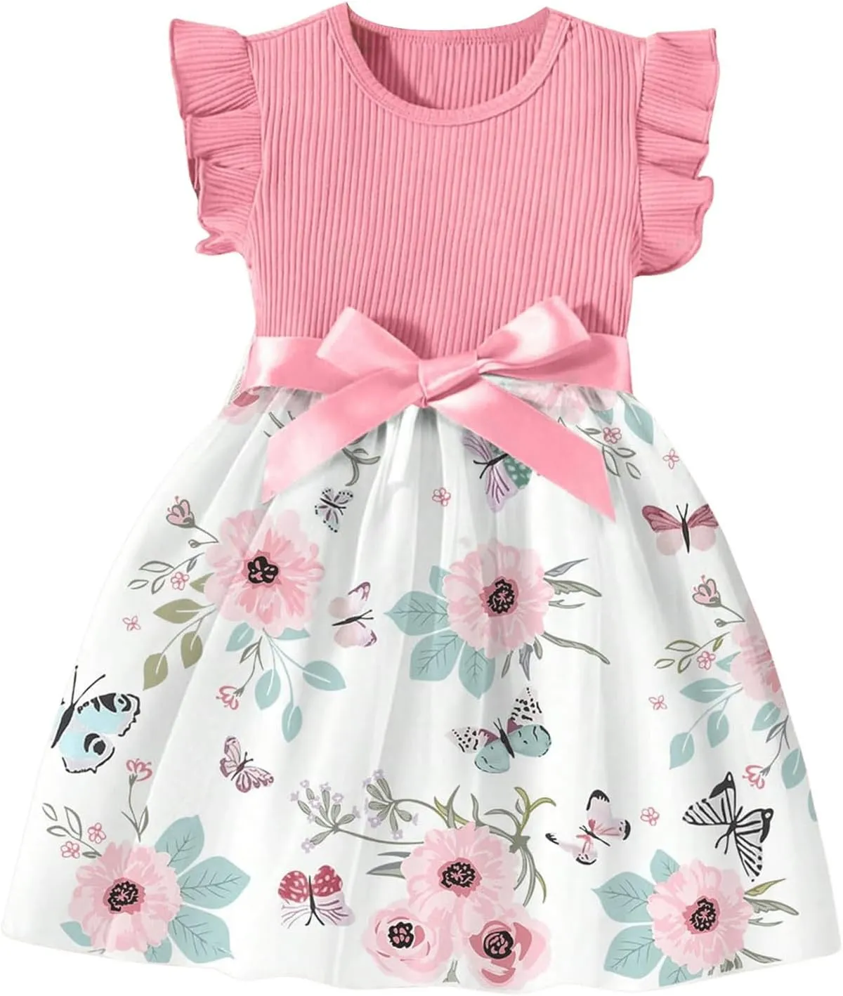 GORGLITTER Girl's Floral Summer Mini Dress Ruffle Trim Flowy Dress Knot Front Crewneck Rib Knit Dresses 2025 Trendy