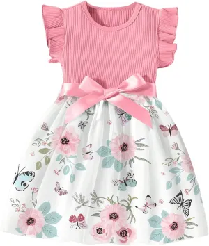 GORGLITTER Girl's Floral Summer Mini Dress Ruffle Trim Flowy Dress Knot Front Crewneck Rib Knit Dresses 2025 Trendy