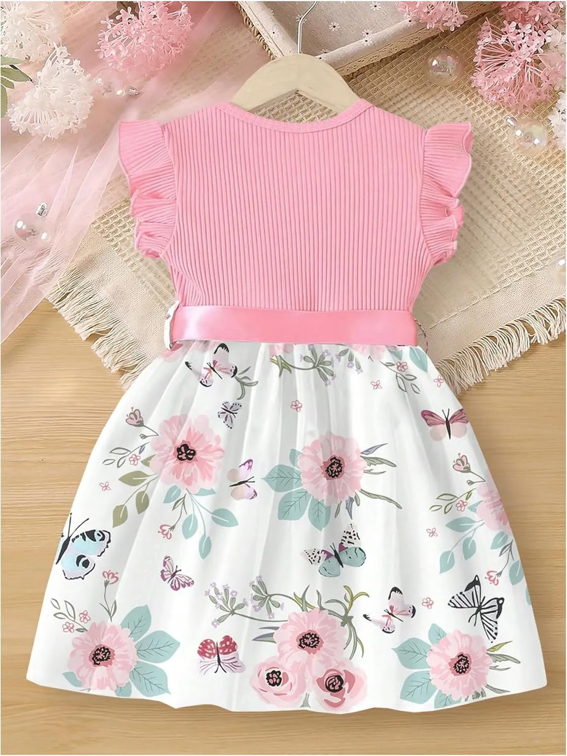 GORGLITTER Girl's Floral Summer Mini Dress Ruffle Trim Flowy Dress Knot Front Crewneck Rib Knit Dresses 2025 Trendy