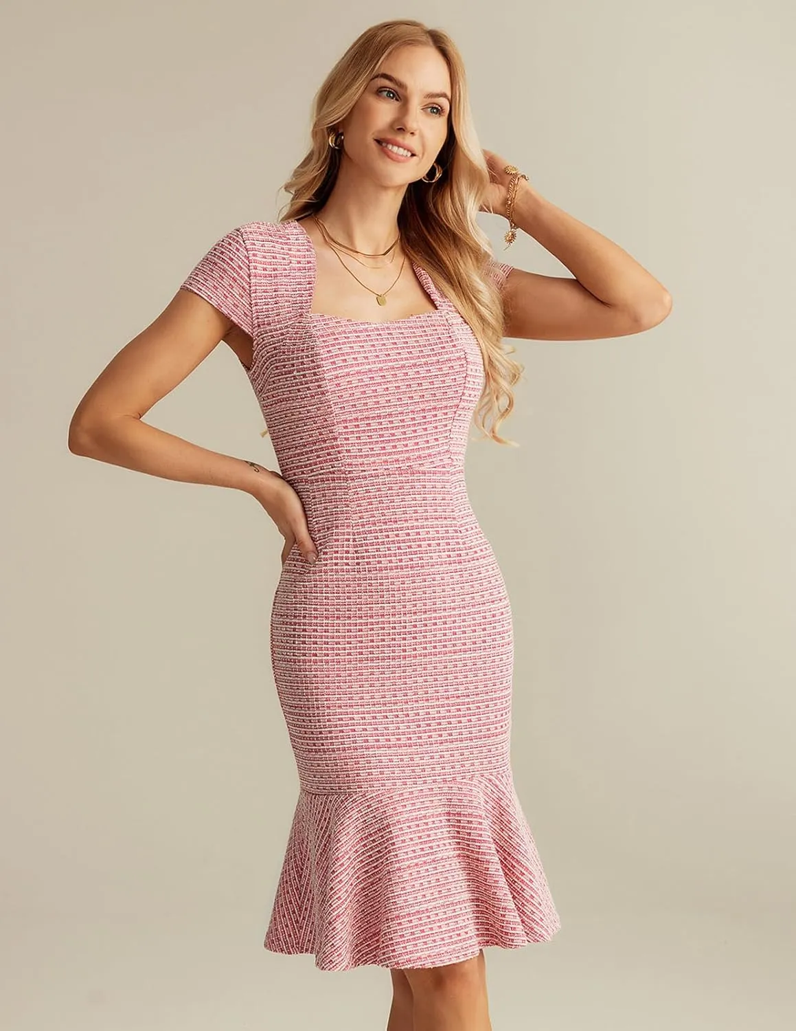 GRACE KARIN Womens Elegant Cap Sleeve Fishtail Midi Tweed Bodycon Dress