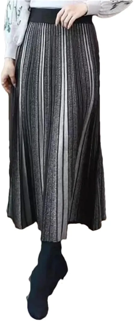 Hdhdeueh Women Striped Knitted Midi Skirt A-Line Elegant Pleated Skirt