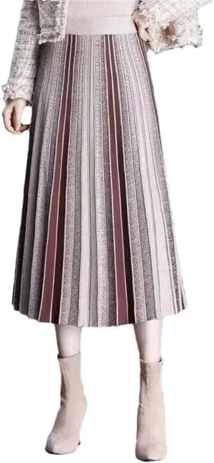 Hdhdeueh Women Striped Knitted Midi Skirt A-Line Elegant Pleated Skirt