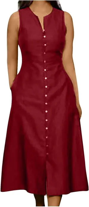 HGps8w Women's Sleeveless Button Down Midi Dress Plus Size Elegant V Neck Solid Color Casual Swing Dresses with Pockets